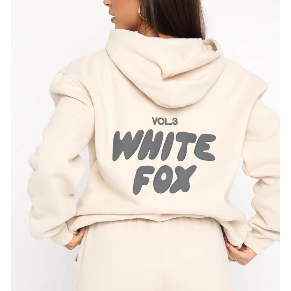White Fox Boutique Cream Hoodie with Bold Print